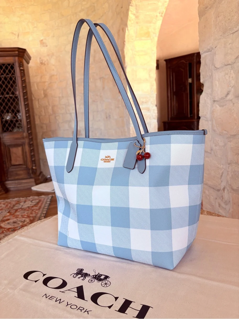 Coach Blue and White Gingham Tote with Cherry Charm